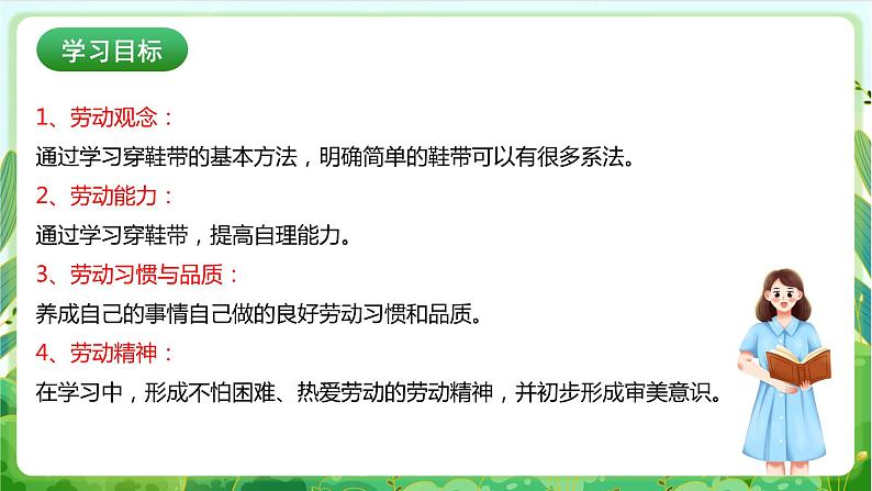 【核心素养目标】人教版劳动教育三年级下册 劳动项目二《穿鞋带》   课件+教案+素材02