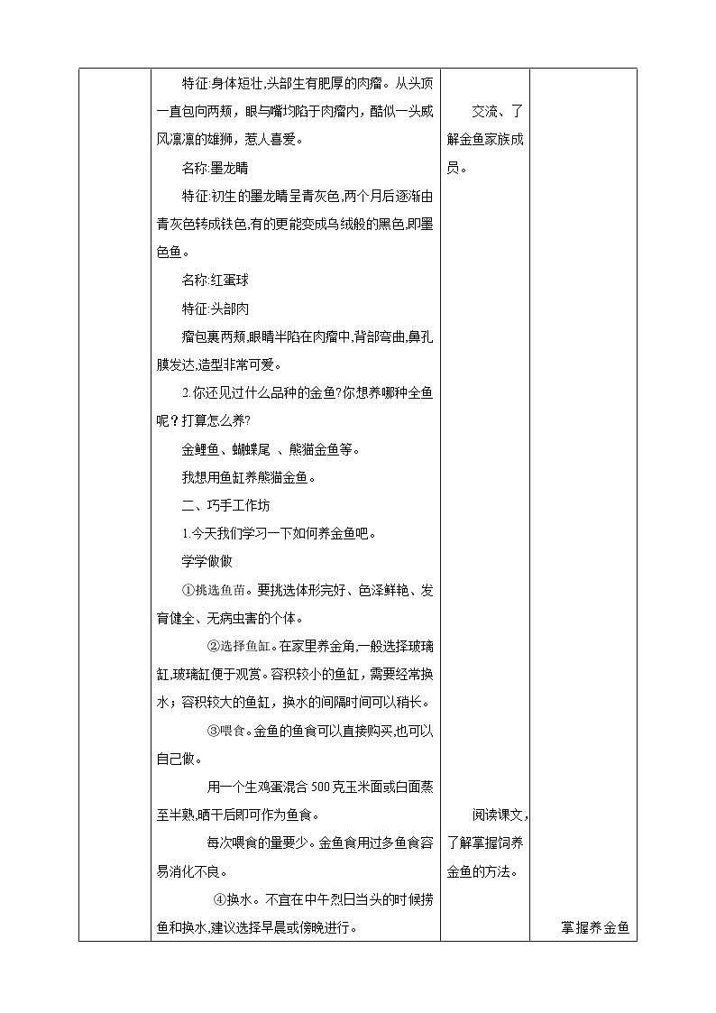 四年级全一册《劳动与技术》第四单元  活动1《养金鱼》教案第2页