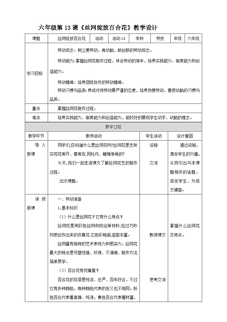 【北师大版】六年级劳技 第13课《丝网绽放百台花》教案+课件+素材01