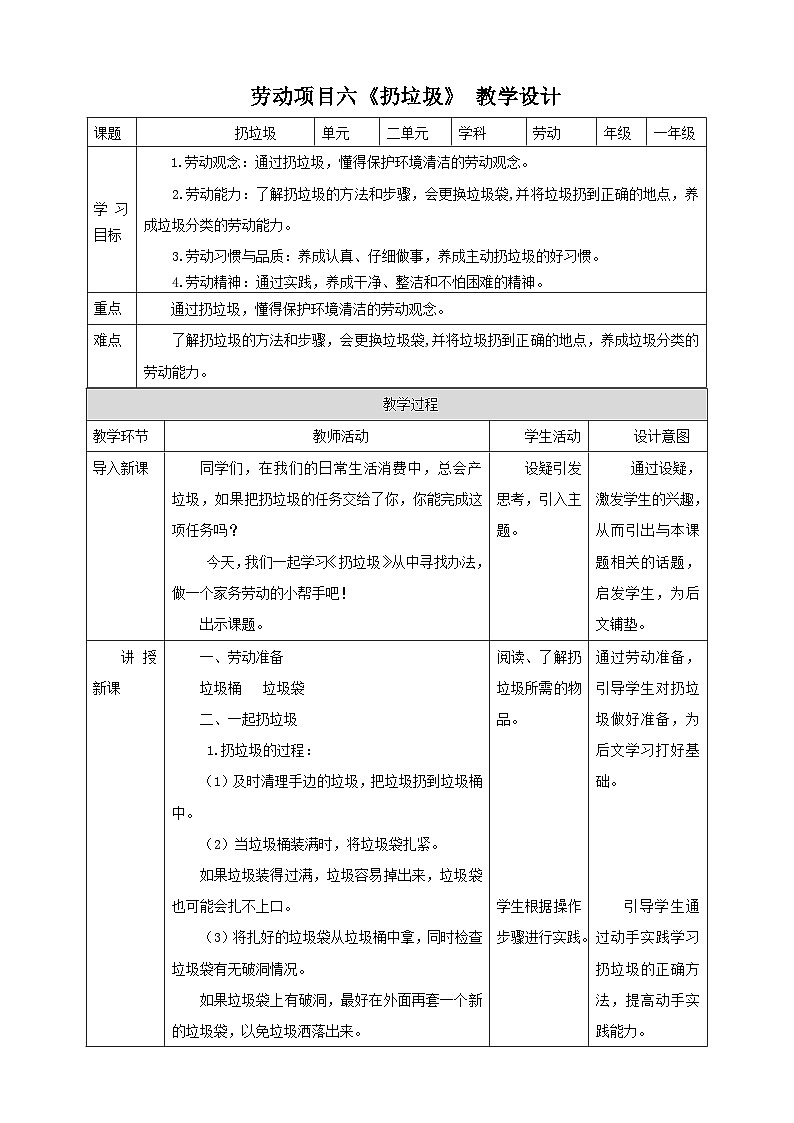 【核心素养目标】人教版《劳动教育》一上 第二章 家务劳动 小帮手  劳动项目六《扔垃圾》 教案第1页
