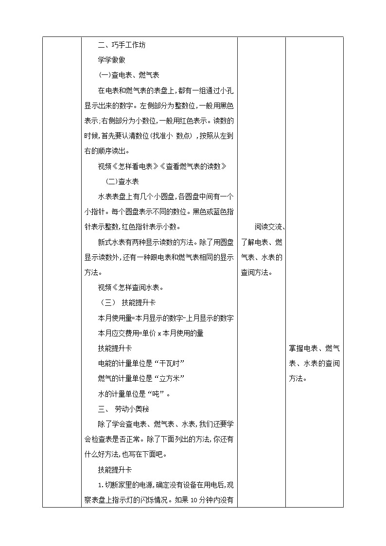 四年级全一册《劳动与技术》第一单元  活动2《学查电表、燃气表、水表》教案第2页