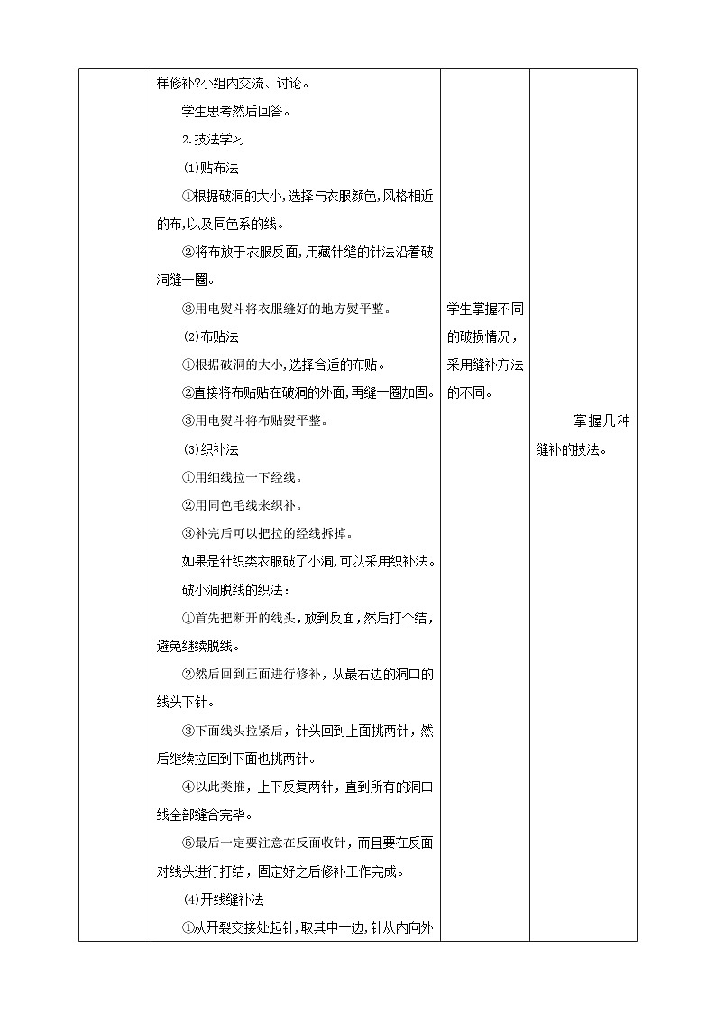 北师大版劳技五年级 第5课《衣服破了我会补》教案第3页