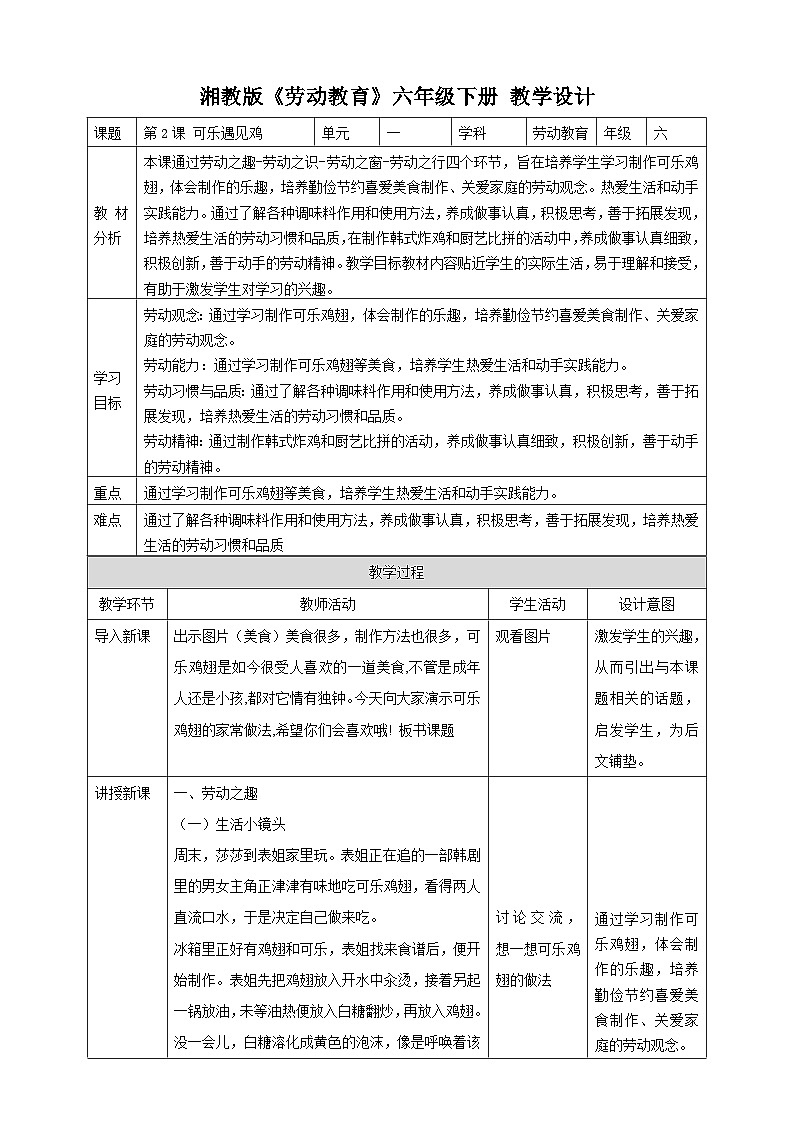 【湘教版】《劳动教育》六年级下册 第2课 可乐遇见鸡  教学设计第1页