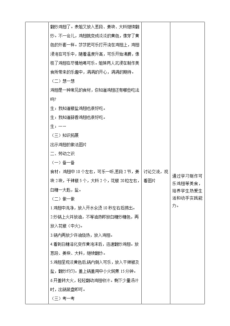 【湘教版】《劳动教育》六年级下册 第2课 可乐遇见鸡  教学设计第2页