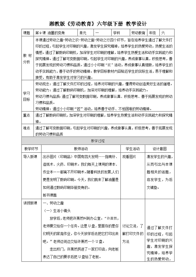 【湘教版】《劳动教育》六年级下册   第9课 油墨的变身   教学设计第1页