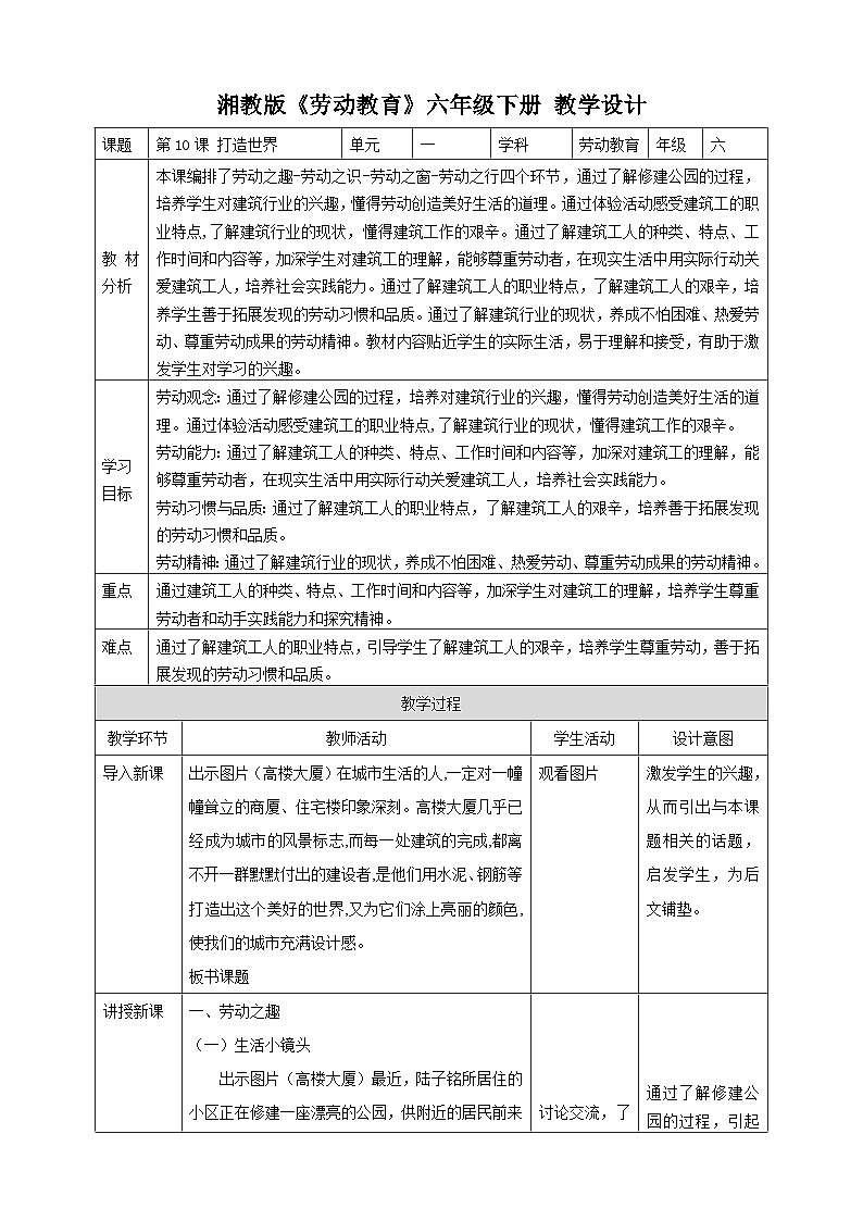 【湘教版】《劳动教育》六年级下册    第10课 打造世界   教学设计第1页