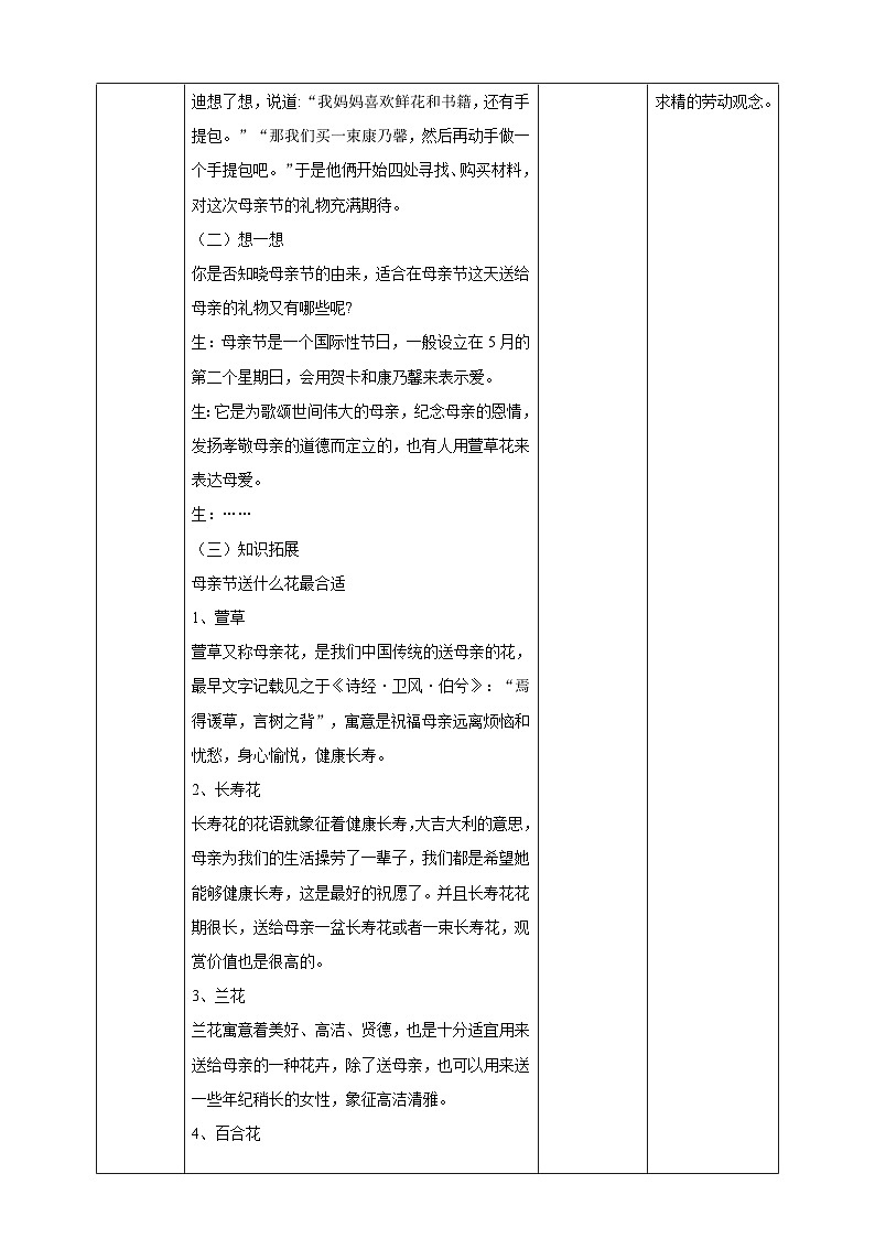 【湘教版】《劳动教育》四年级下册  第4课 献礼母亲节 教学设计第2页