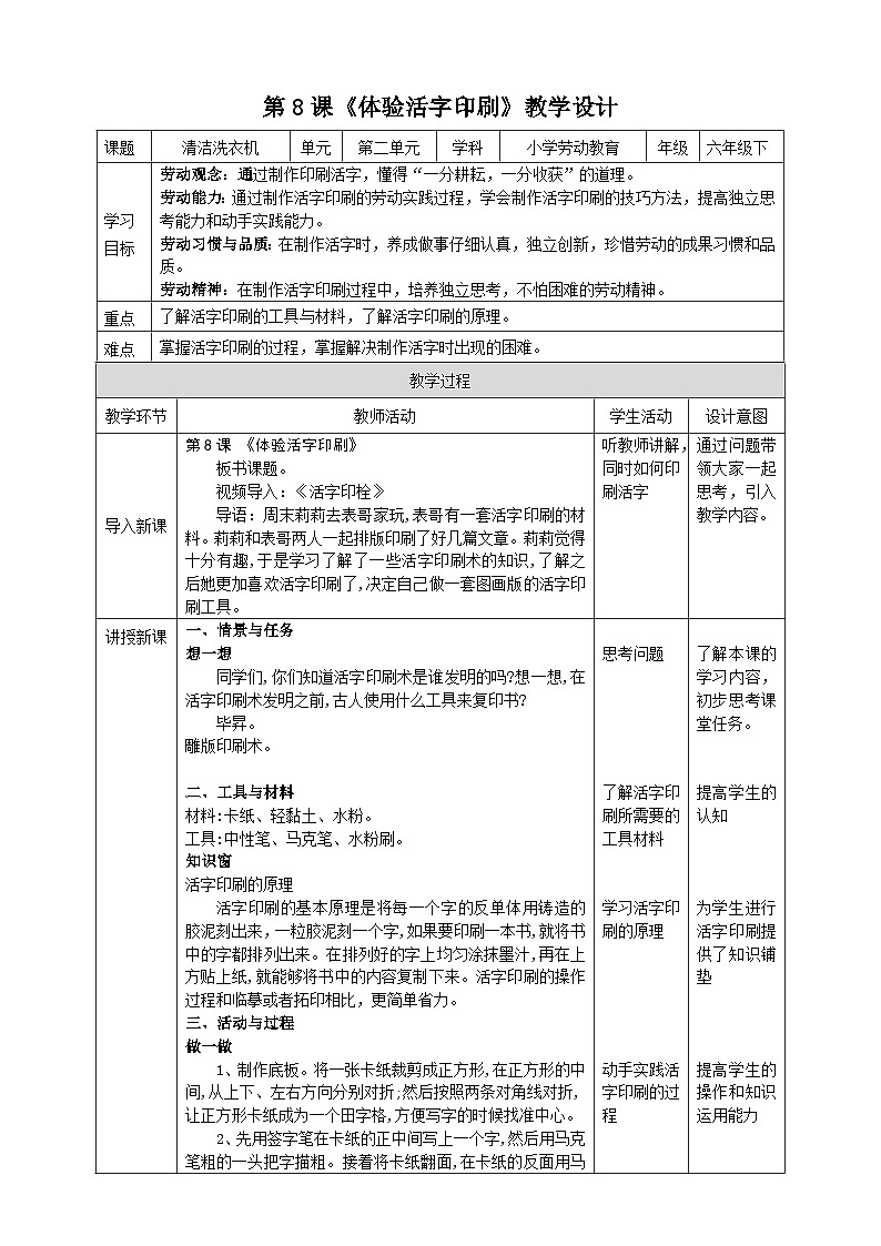 【川民版劳动教育】六年级下册第8课《体验活字印刷》课件第1页