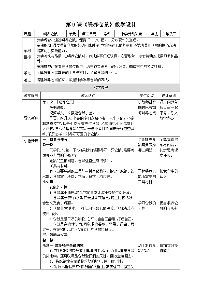 【川民版劳动教育】六年级下册第9课《喂养仓鼠》课件第1页