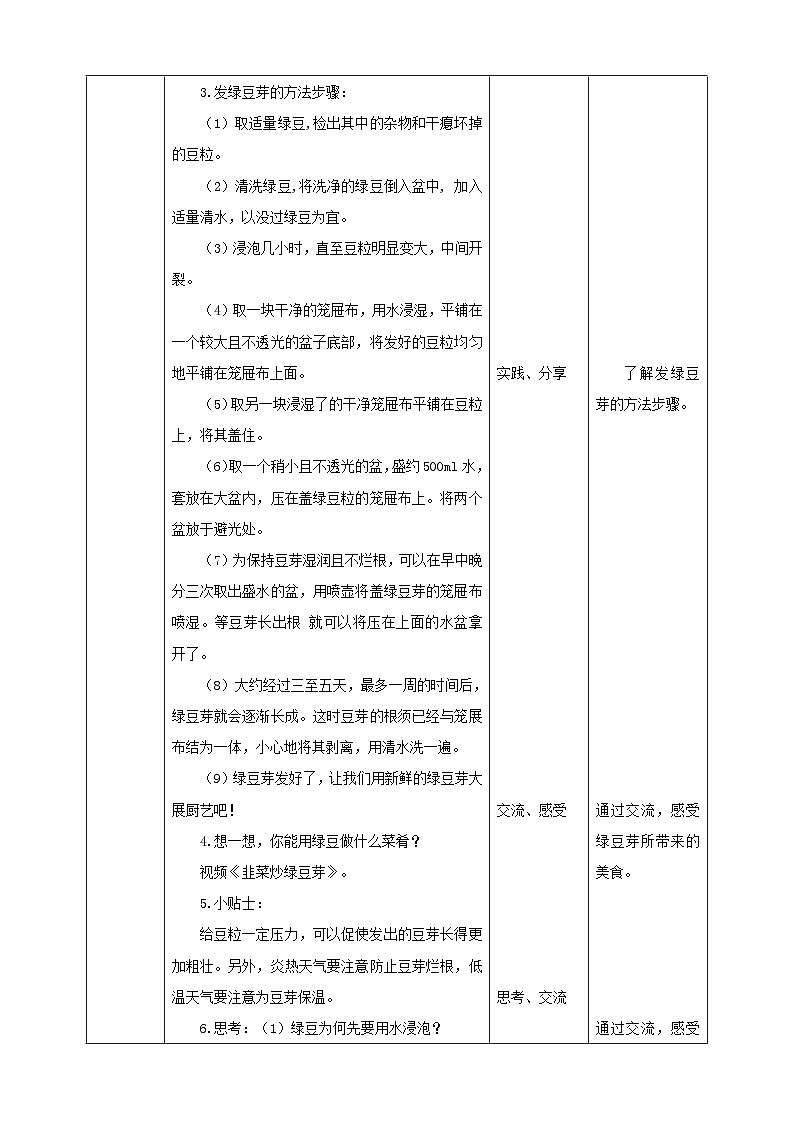 人教版六下劳技 项目三《发绿豆芽》教案第2页