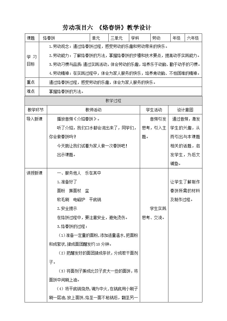 人教版六下劳技 项目六《烙春饼》教案第1页