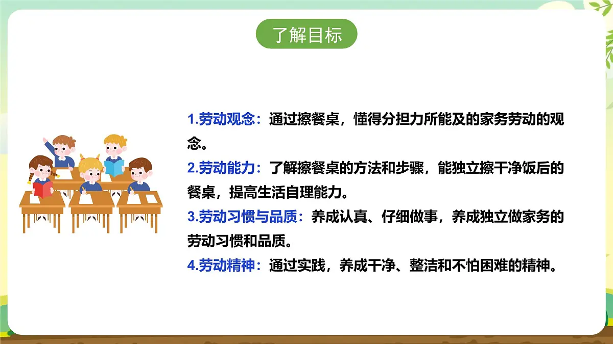 【核心素养目标】人教版《劳动教育》一上 第二章 家务劳动 小帮手 劳动项目五 《擦餐桌》课件第2页