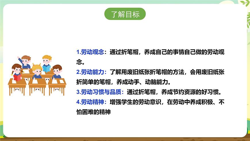 【人教版】《劳动教育实践活动手册》1年级上册  第三章 校园劳动 我能行 劳动项目九《折笔帽》  件第2页
