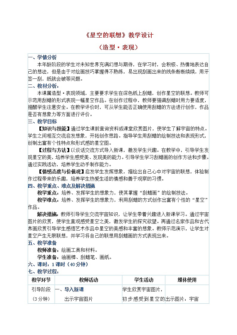三年级上册美术教案 第8课《星空的联想》人教新课标（2014秋）01