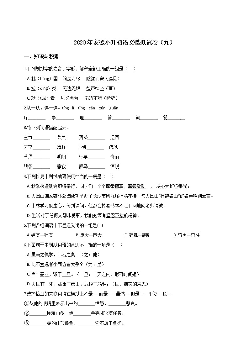 2020年安徽小升初模拟试卷（九）  部编版（含答案）第1页