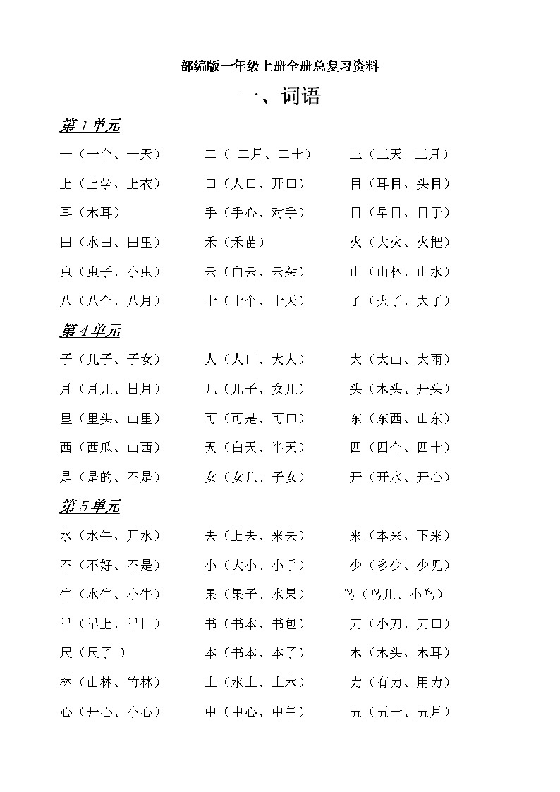 部编版一年级语文上册期末复习资料第1页