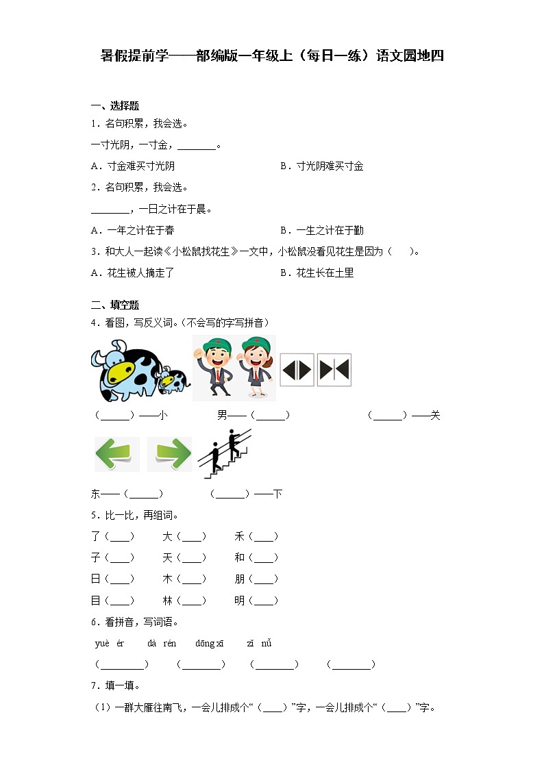 暑假提前学——部编版一年级上（每日一练）语文园地四01
