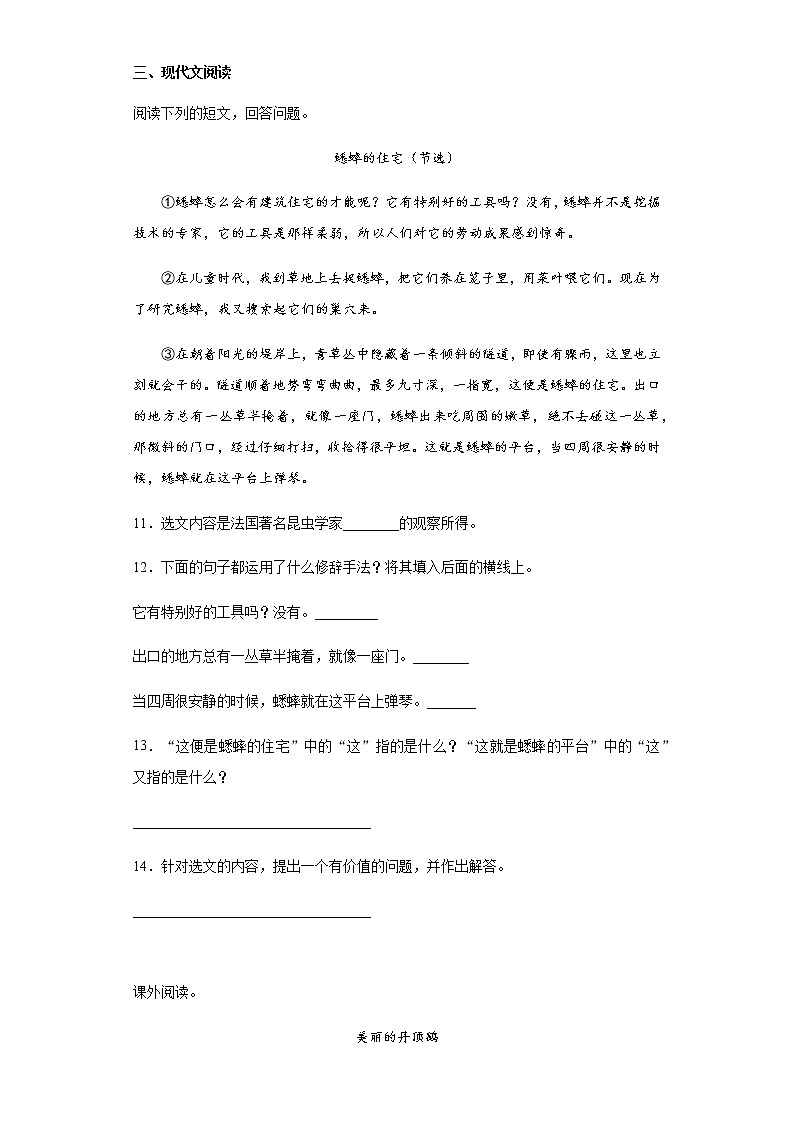 暑假提前学——部编版四年级上（每日一练）蟋蟀的住宅第3页