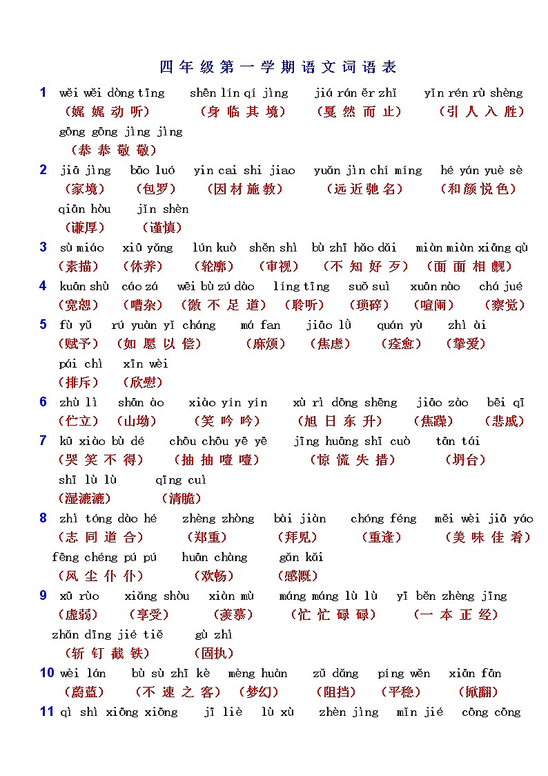 四年级语文课后词语表第1页