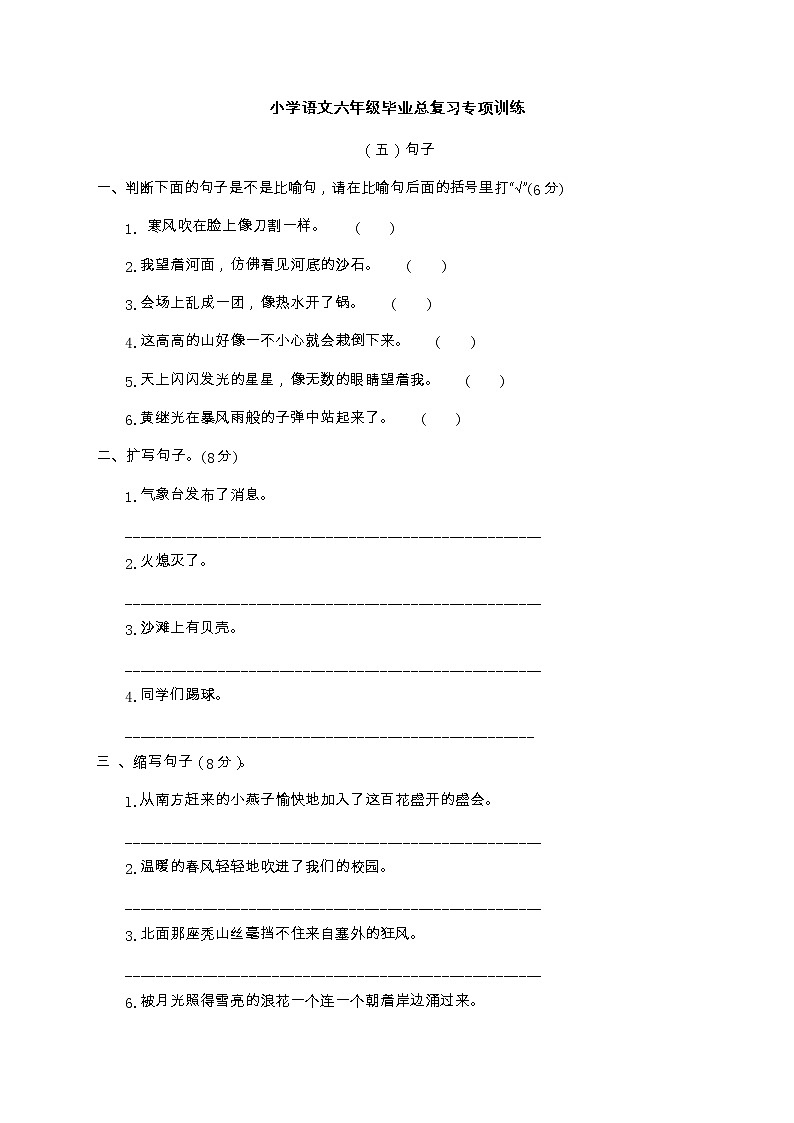 小学语文六年级毕业总复习专项训练句子练习（无答案）第1页