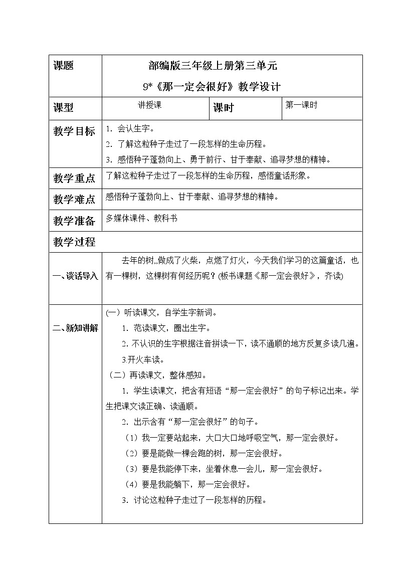 小学语文人教部编版三年级上册 9.《那一定会很好》（含课件、教案、同步练习）01