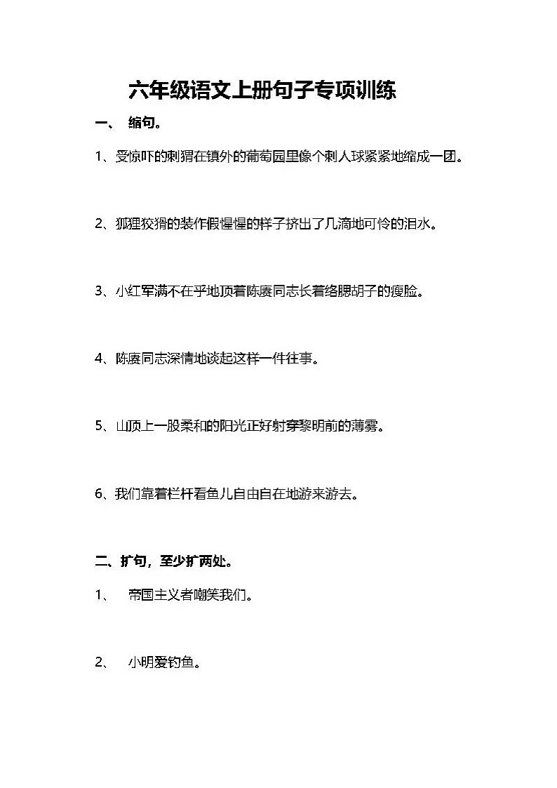 部编版语文六年级（上）句子专项练习（含答案）01