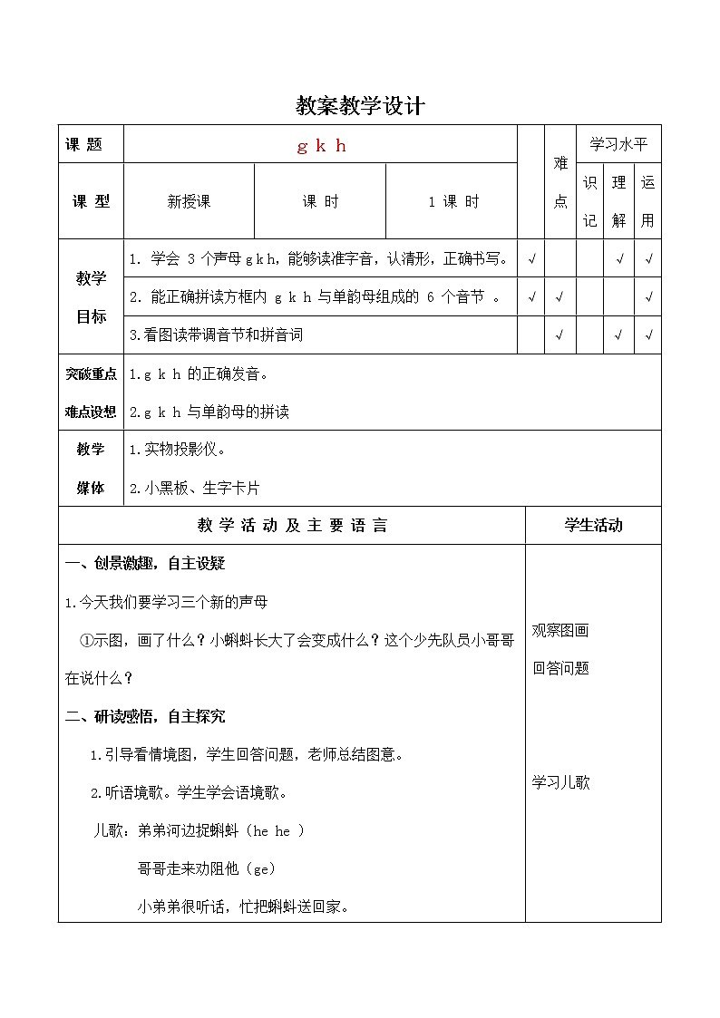 部编版一年级语文上册汉语拼音：《g k h》  表格式教案第1页