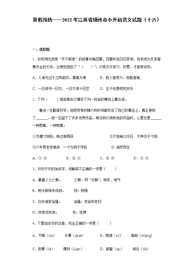 暑假预热——2022年江苏省扬州市小升初语文试题（十六）01