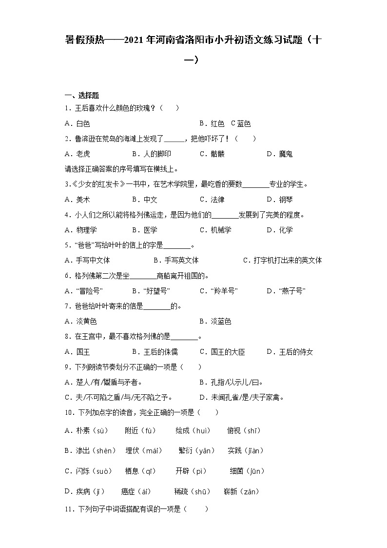暑假预热——2021年河南省洛阳市小升初语文练习试题（十一）01