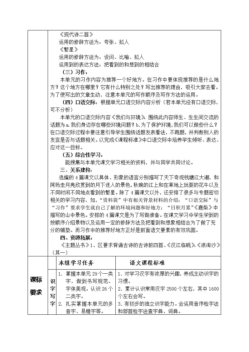 四上语文第一单元备课设计第2页