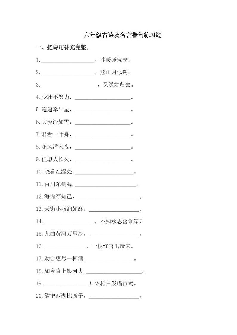 小学语文古诗及名言警句练习题（无答案）第1页