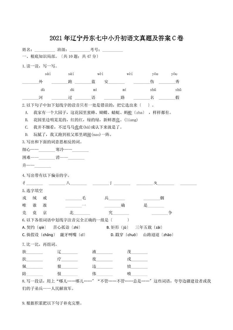 2021年辽宁丹东小升初语文真题及答案（PDF版）C卷第1页