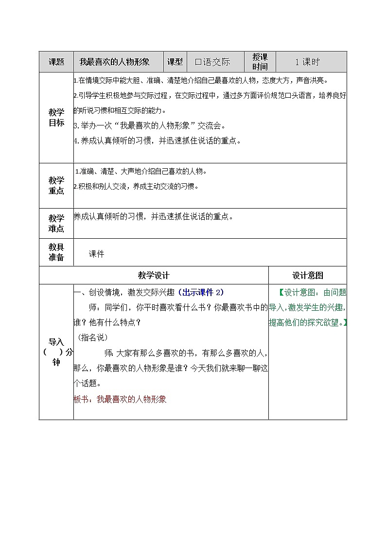部编版五年级语文上册口语交际：我最喜欢的人物形象 教案01