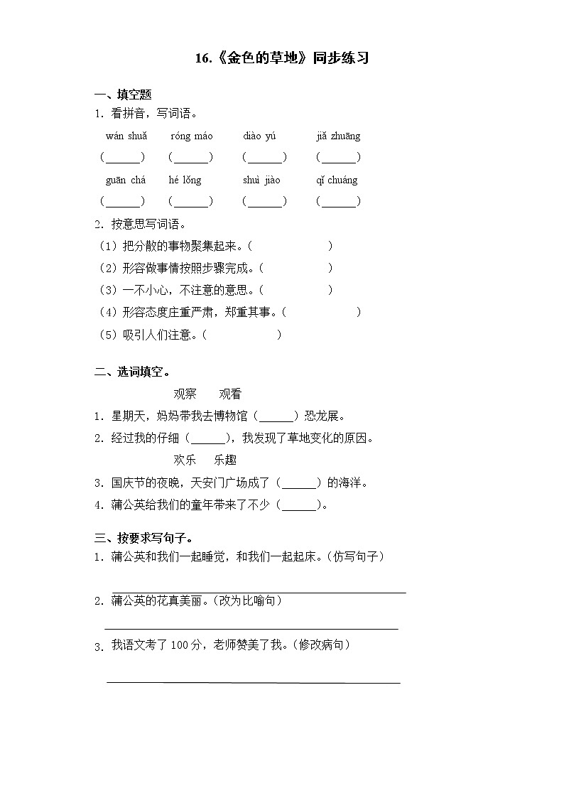 部编版语文三上16.《金色的草地》（含课件、教案、同步练习）01