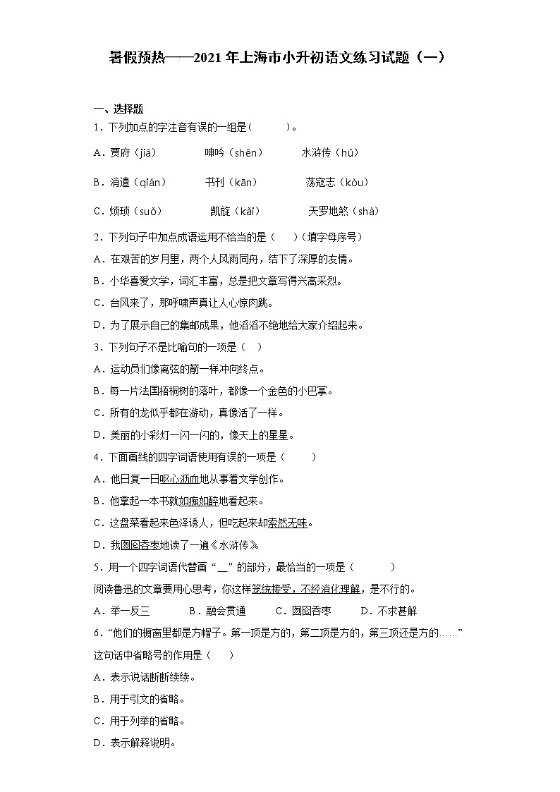 暑假预热——2021年上海市小升初语文练习试题（一）第1页