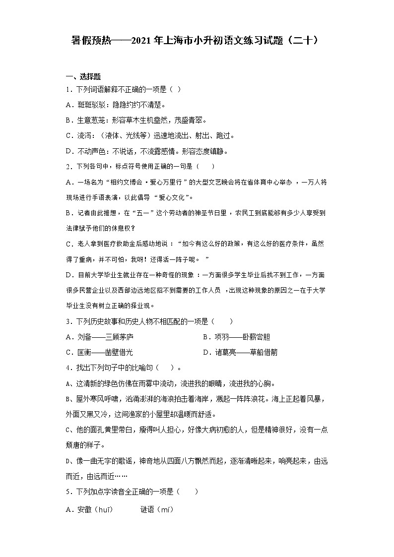 暑假预热——2021年上海市小升初语文练习试题（二十）第1页