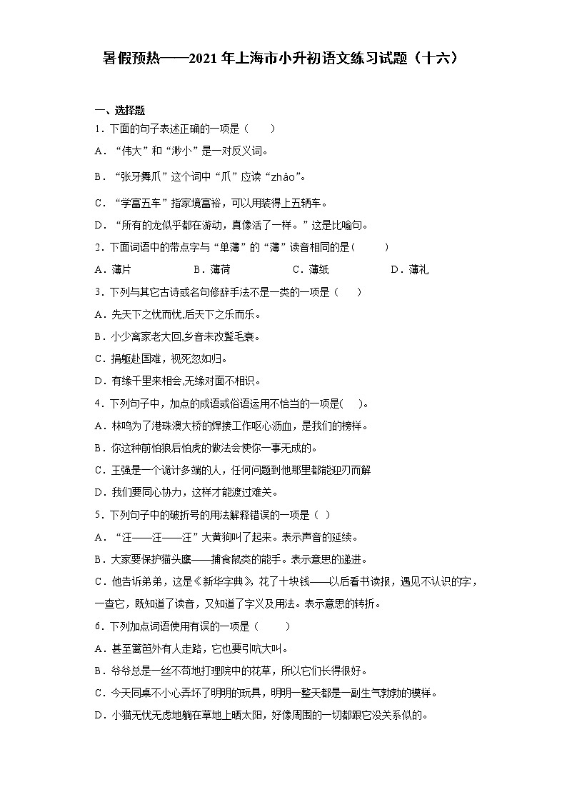暑假预热——2021年上海市小升初语文练习试题（十六）第1页