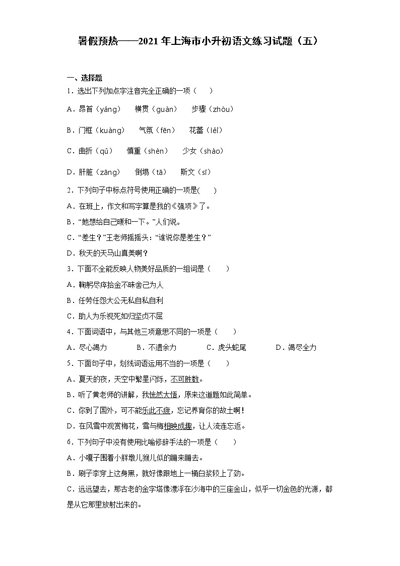 暑假预热——2021年上海市小升初语文练习试题（五）第1页