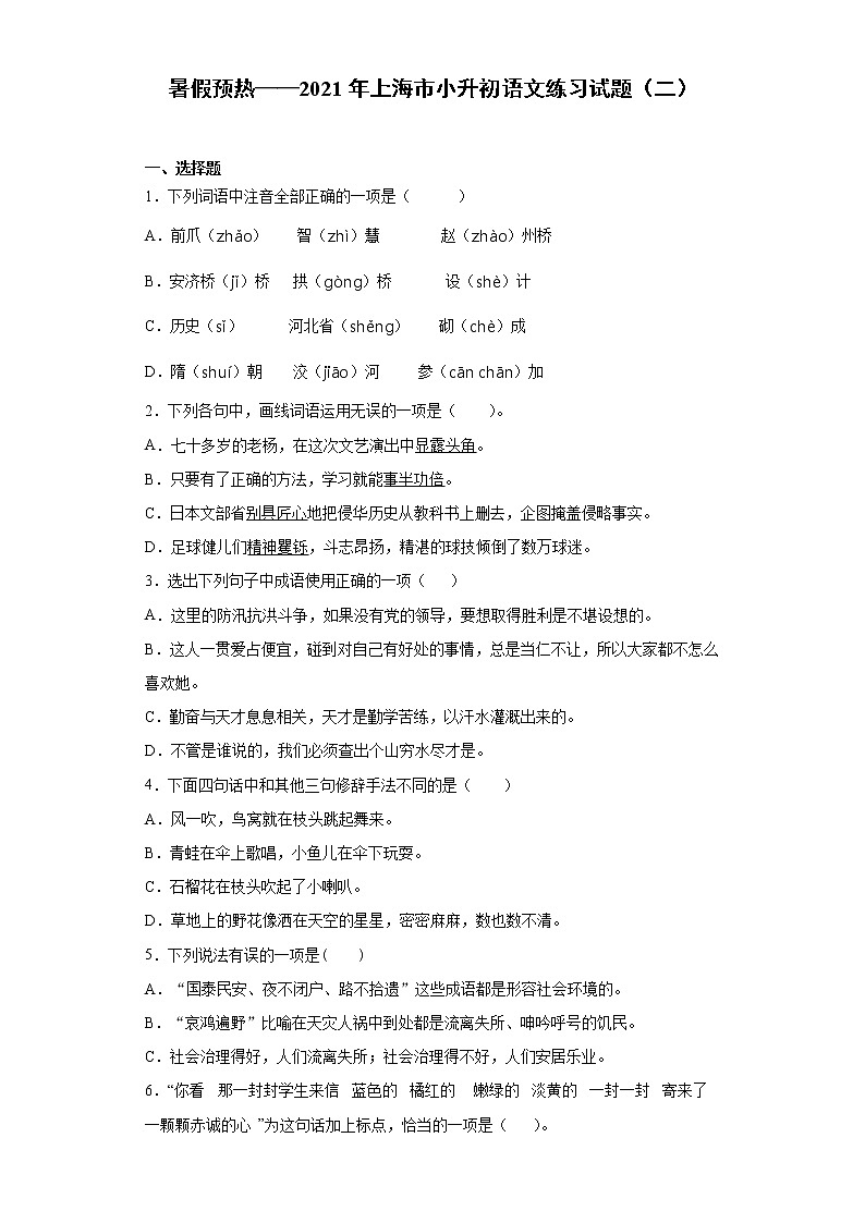 暑假预热——2021年上海市小升初语文练习试题（二）第1页