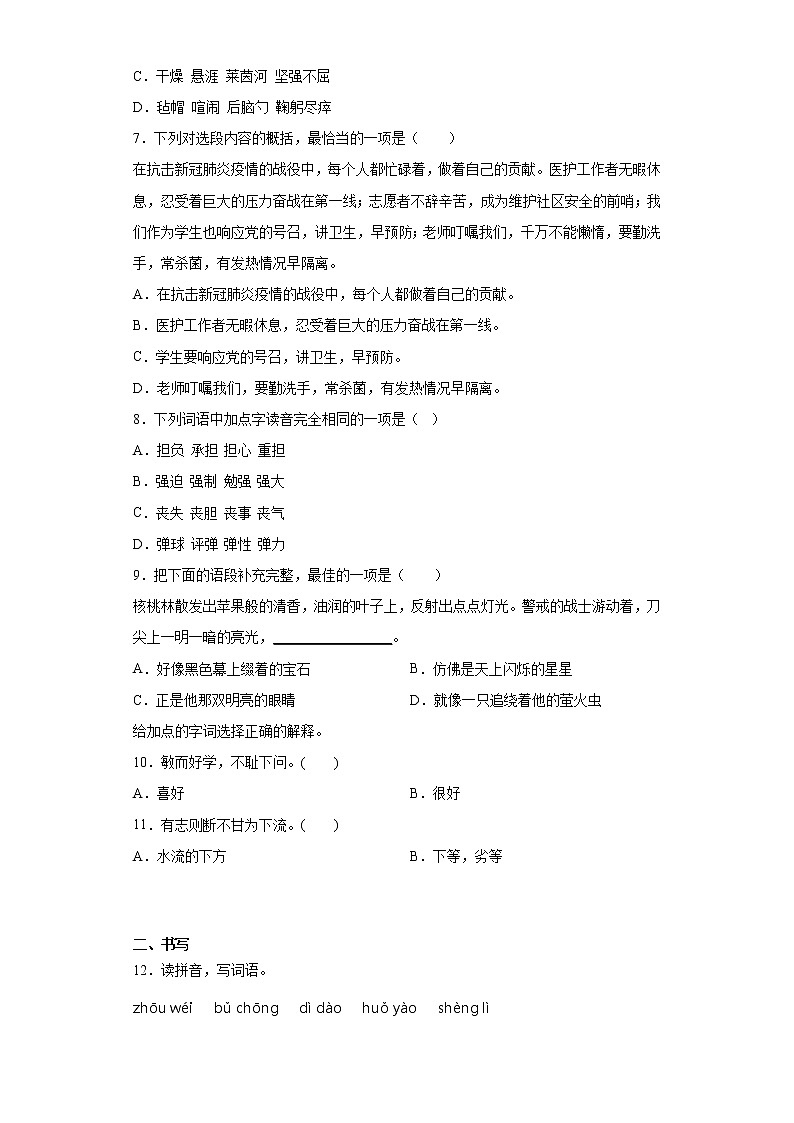 2021暑假预热——广东省深圳市小升初语文练习试题（十一）第2页