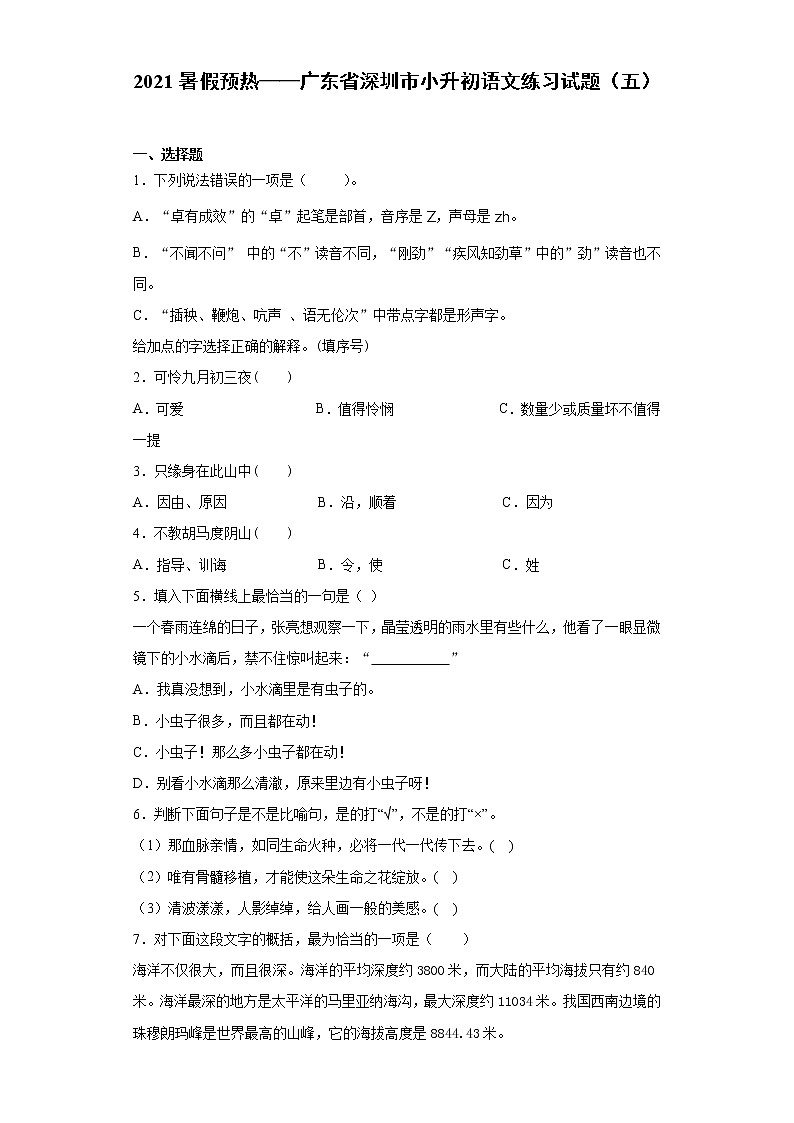 2021暑假预热——广东省深圳市小升初语文练习试题（五）第1页