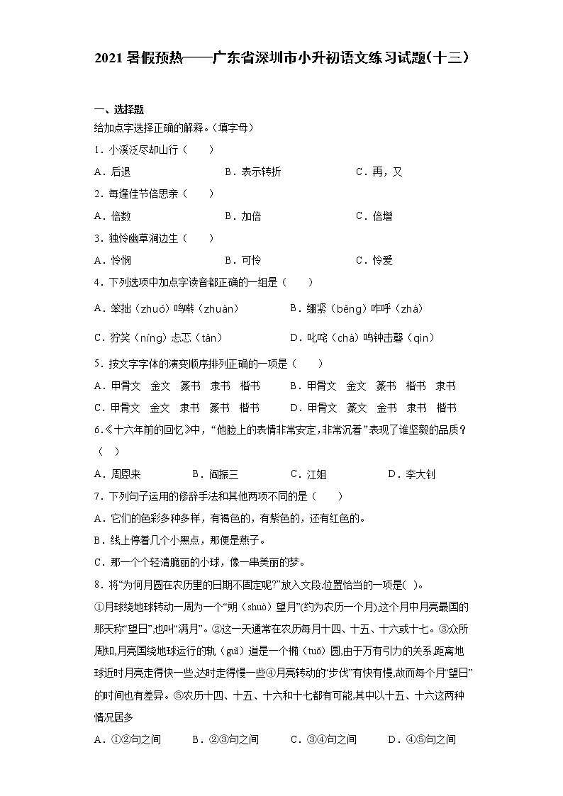 2021暑假预热——广东省深圳市小升初语文练习试题（十三）第1页