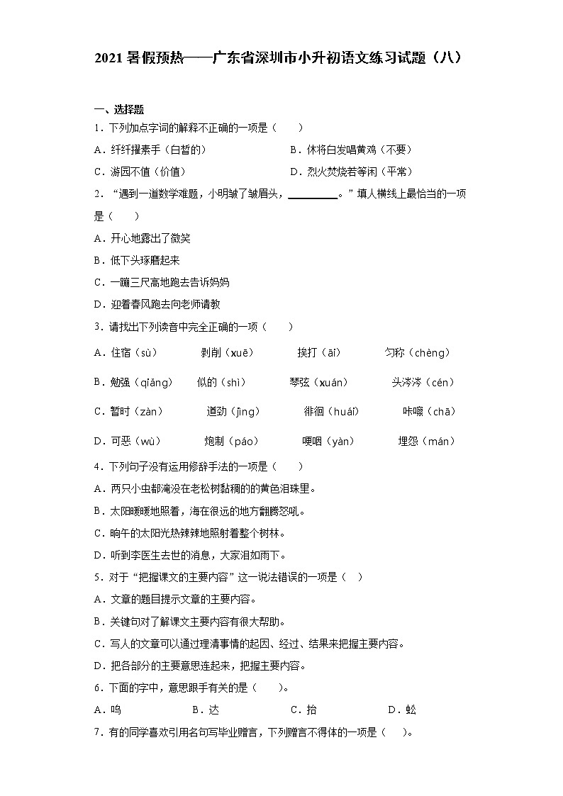 2021暑假预热——广东省深圳市小升初语文练习试题（八）第1页