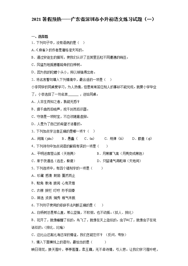 2021暑假预热——广东省深圳市小升初语文练习试题（一）第1页
