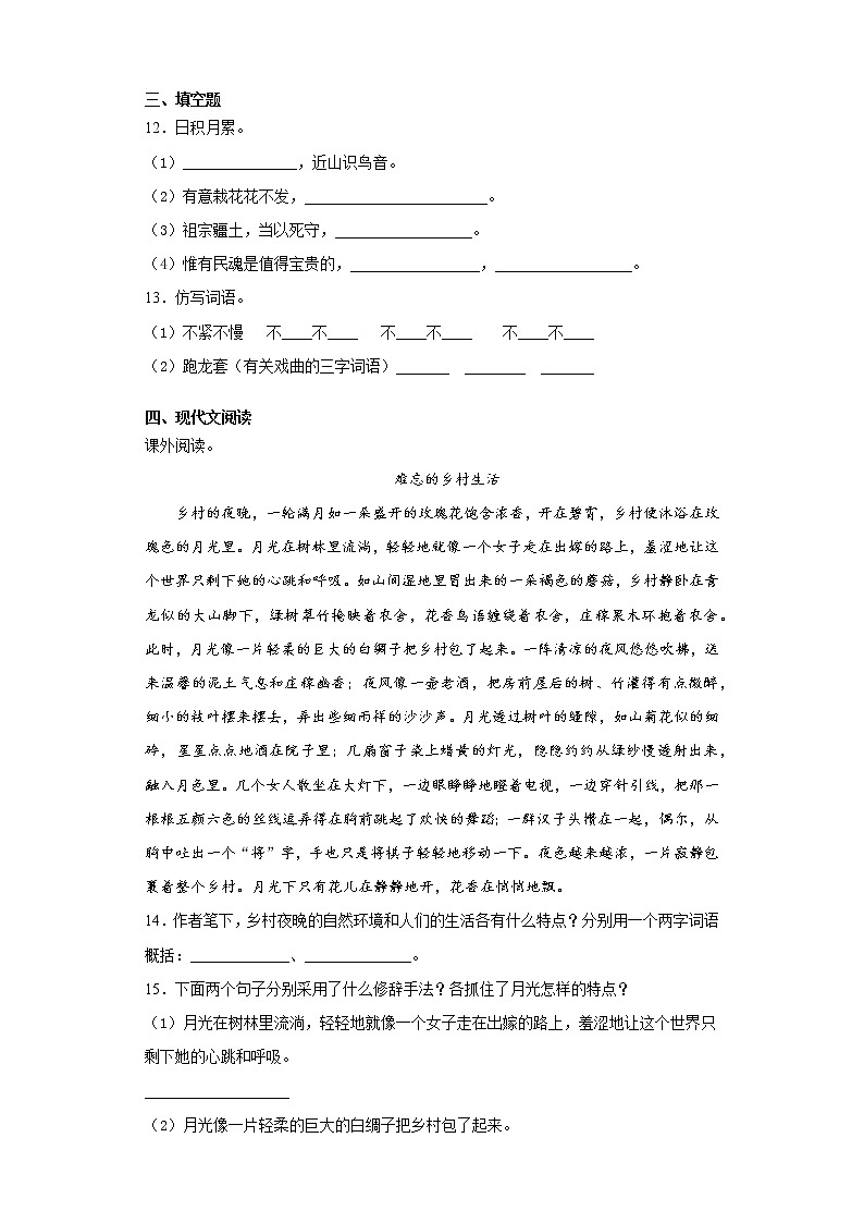 2021暑假预热——广东省深圳市小升初语文练习试题（九）第3页