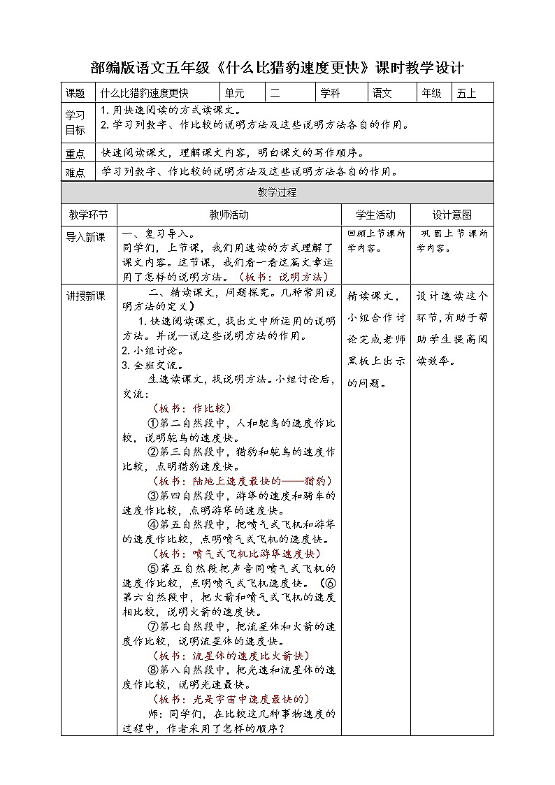 人教部编版五年级小学语文上册7《什么比猎豹的速度更快》 课件教案试卷01