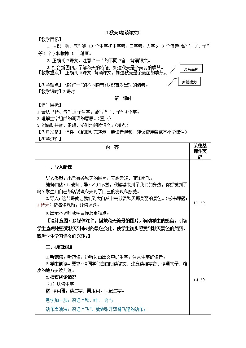 部编版一年级上册语文 第4单元 1.秋天（教案）第1页