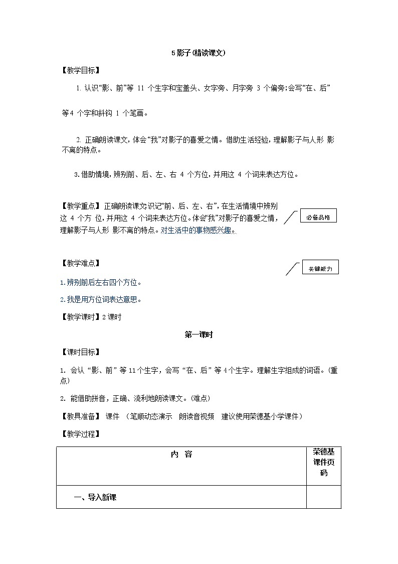 部编版一年级上册语文 第6单元 5.影子（教案）第1页