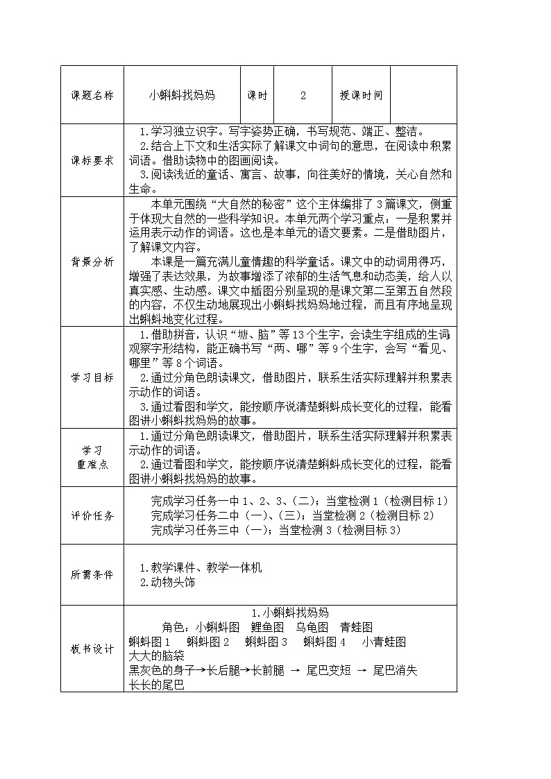 部编版二年级语文上册1.小蝌蚪找妈妈学案第2页