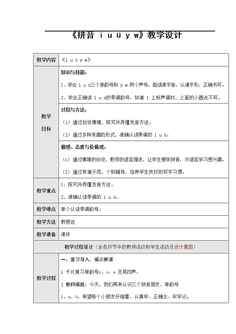 人教部编版一年级语文上册汉语拼音2《iuüyw》教案教学设计优秀公开课 (1)01